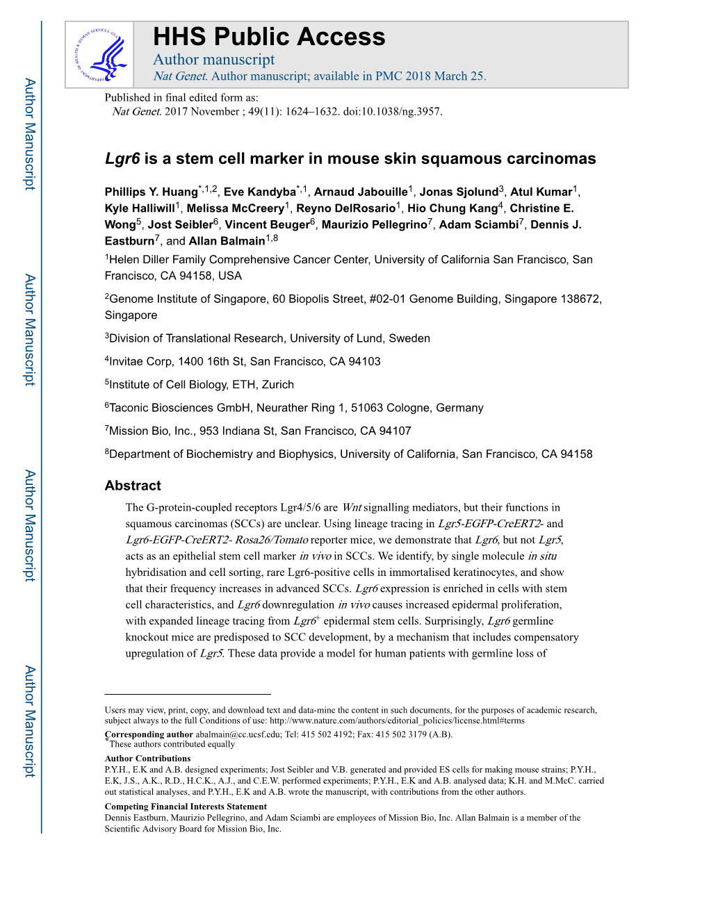 Lgr6 Is a Stem Cell Marker in Mouse Skin Squamous Carcinomas