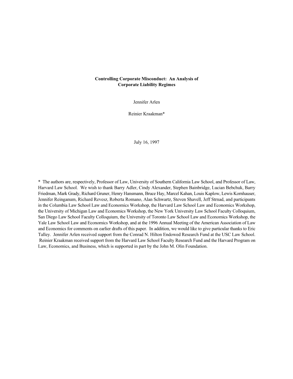 Controlling Corporate Misconduct: an Analysis of Corporate Liability Regimes