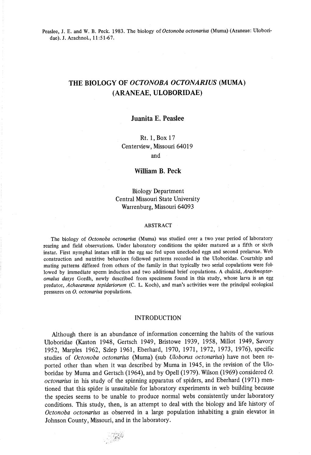 The Biology of Octonoba Octonarius (Muma) (Araneae : Ulobori- Dae)