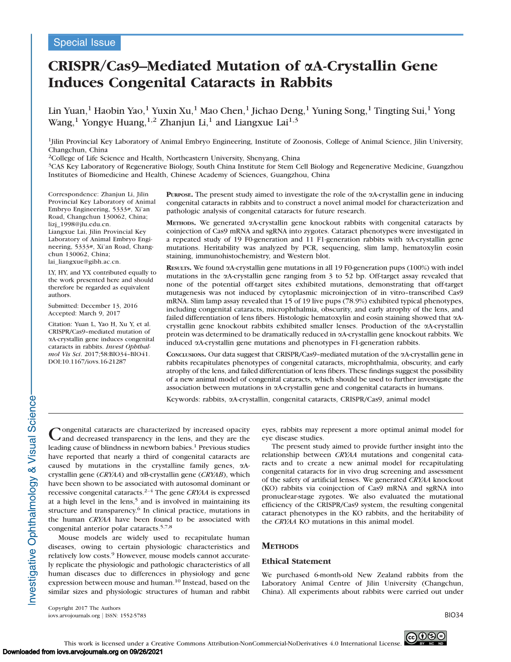 CRISPR/Cas9–Mediated Mutation of Aa-Crystallin Gene Induces Congenital Cataracts in Rabbits