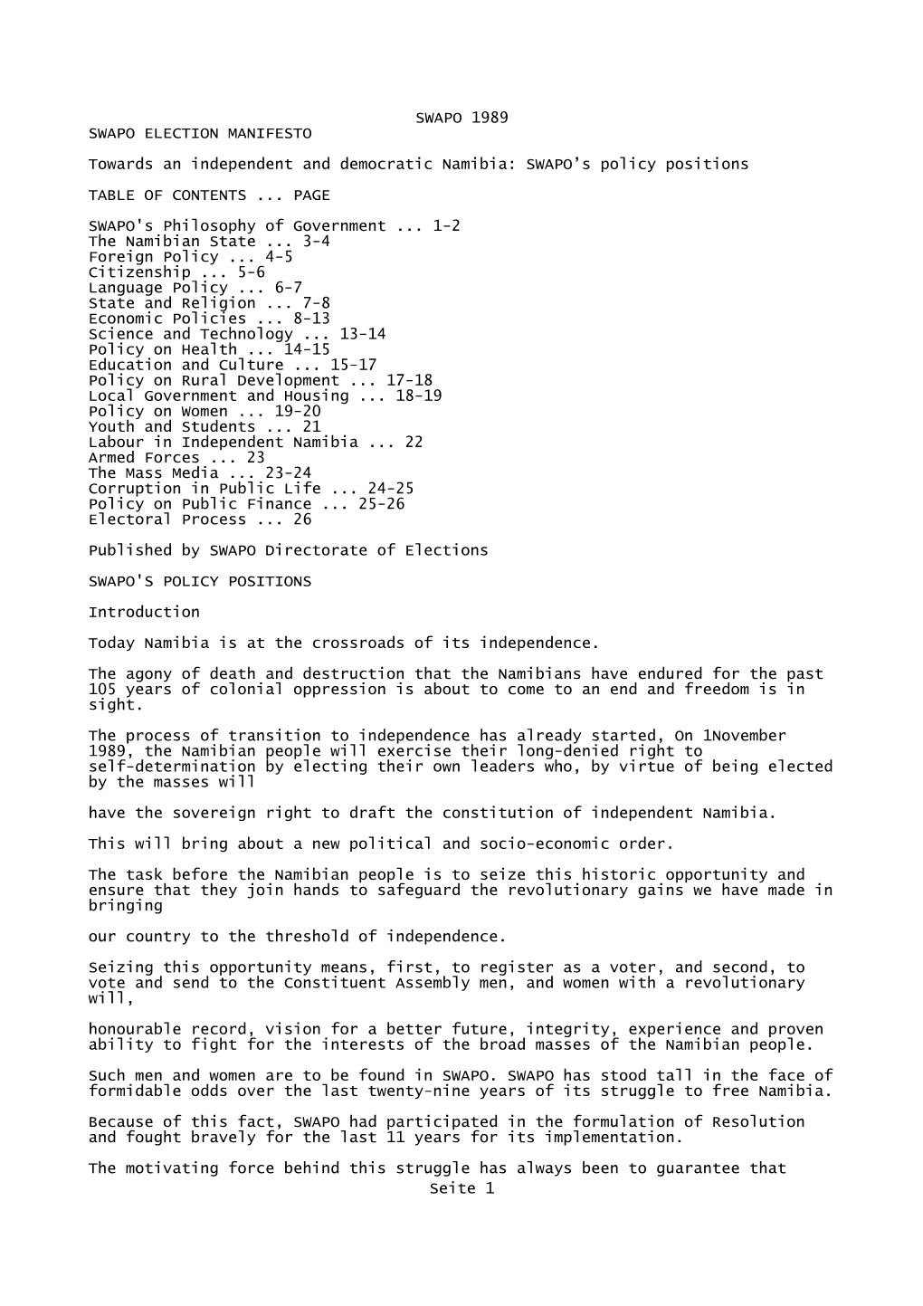 SWAPO 1989 Manifesto Namibia