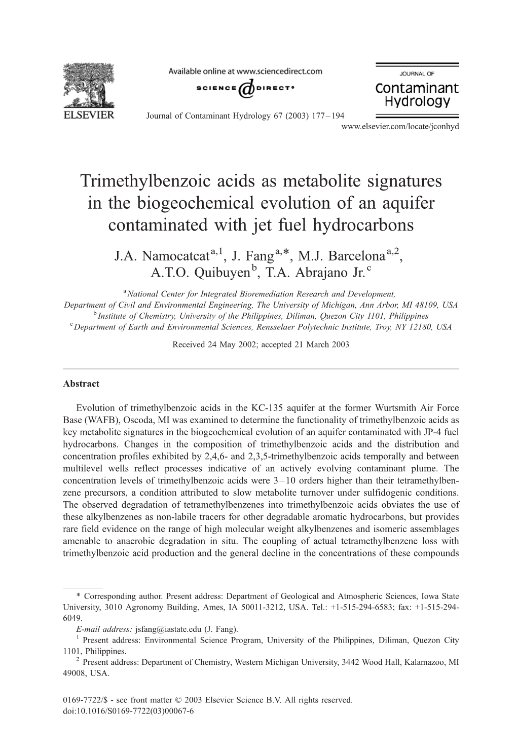 Trimethylbenzoic Acids As Metabolite Signatures in the Biogeochemical Evolution of an Aquifer Contaminated with Jet Fuel Hydrocarbons