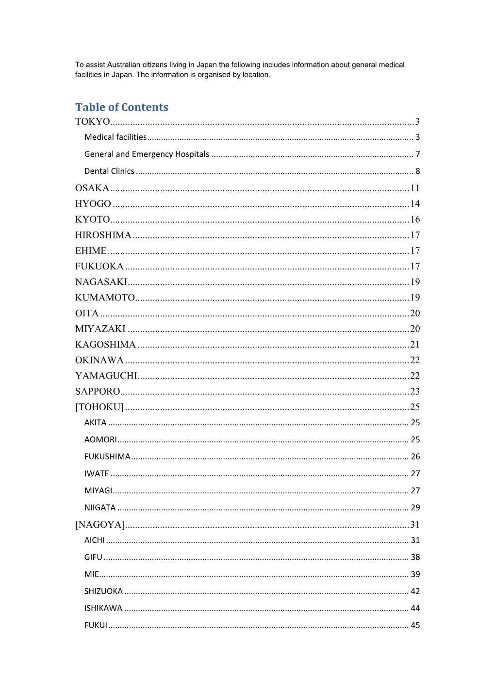 Table of Contents TOKYO