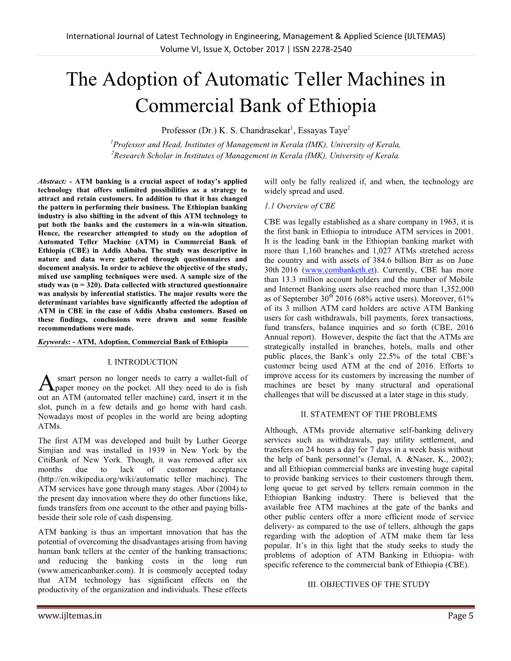 The Adoption of Automatic Teller Machines in Commercial Bank of Ethiopia