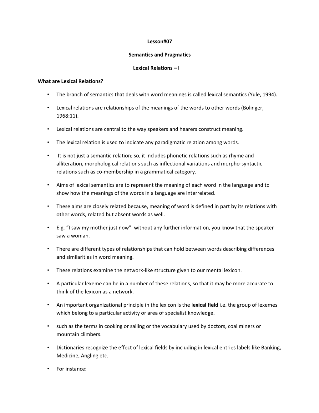 Lesson#07 Semantics and Pragmatics Lexical Relations