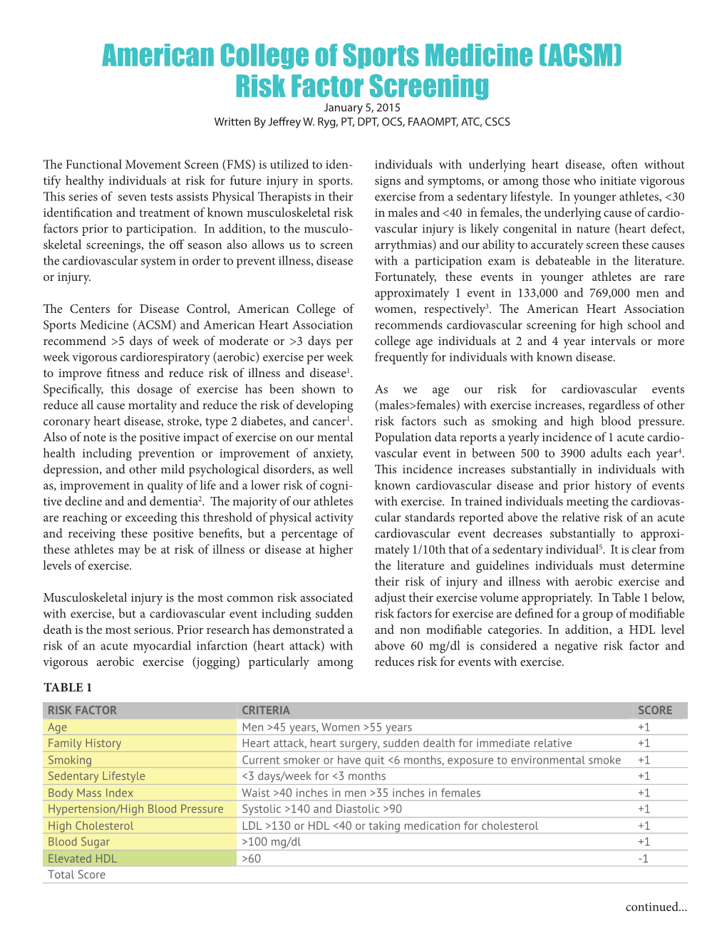 American College of Sports Medicine (ACSM) Risk Factor Screening January 5, 2015 Written by Jefrey W