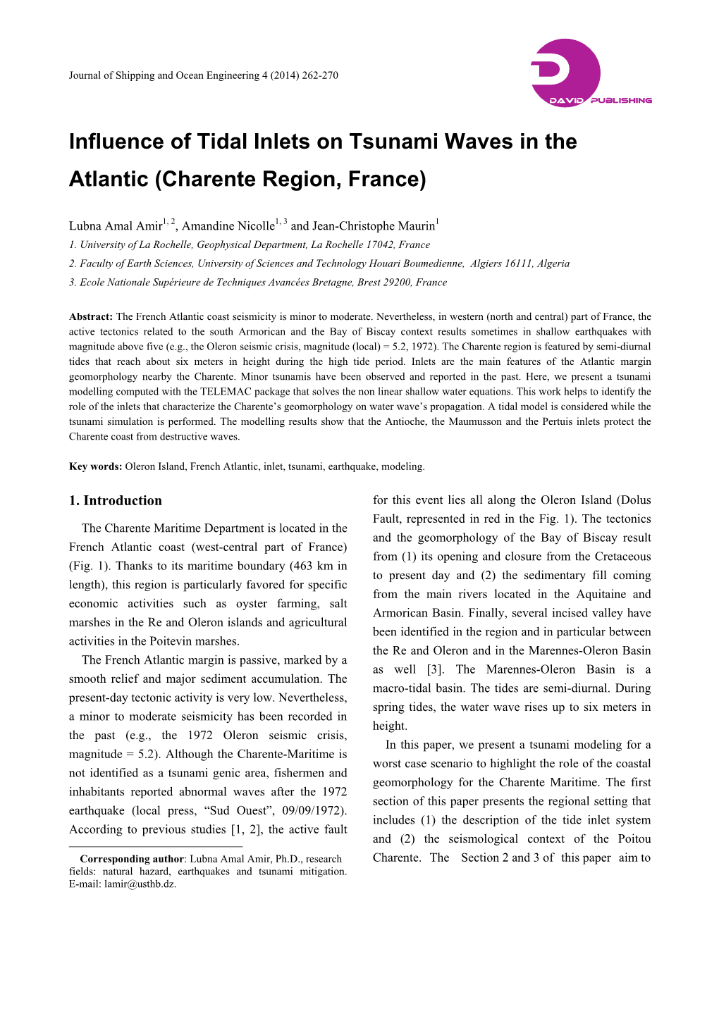 Influence of Tidal Inlets on Tsunami Waves in the Atlantic (Charente Region, France)
