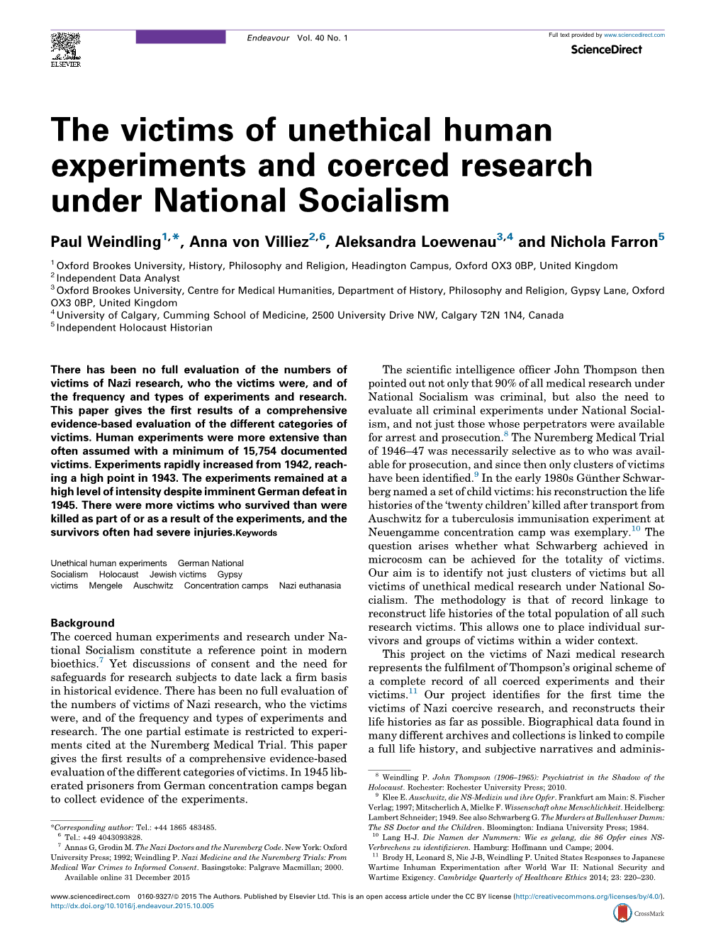 The Victims of Unethical Human Experiments and Coerced Research Under National Socialism