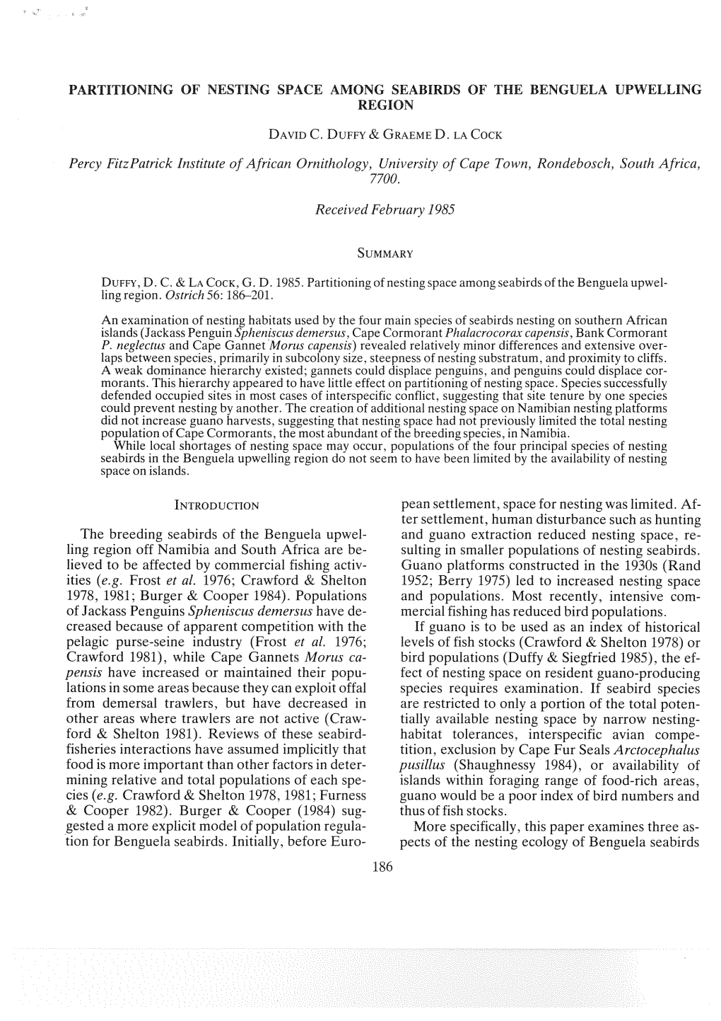 Partitioning of Nesting Space Among Seabirds of the Benguela Upwelling Region