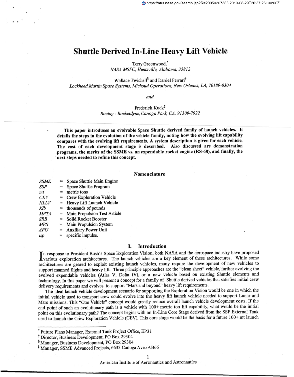 Shuttle Derived In-Line Heavy Lift Vehicle