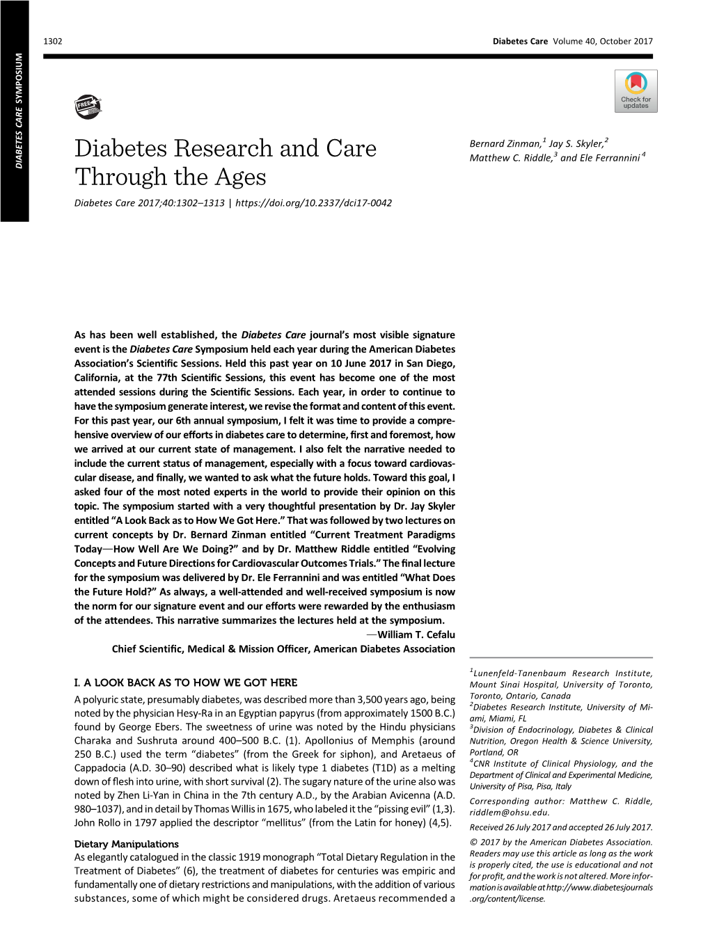 Diabetes Research and Care Through the Ages Diabetes Care Volume 40, October 2017
