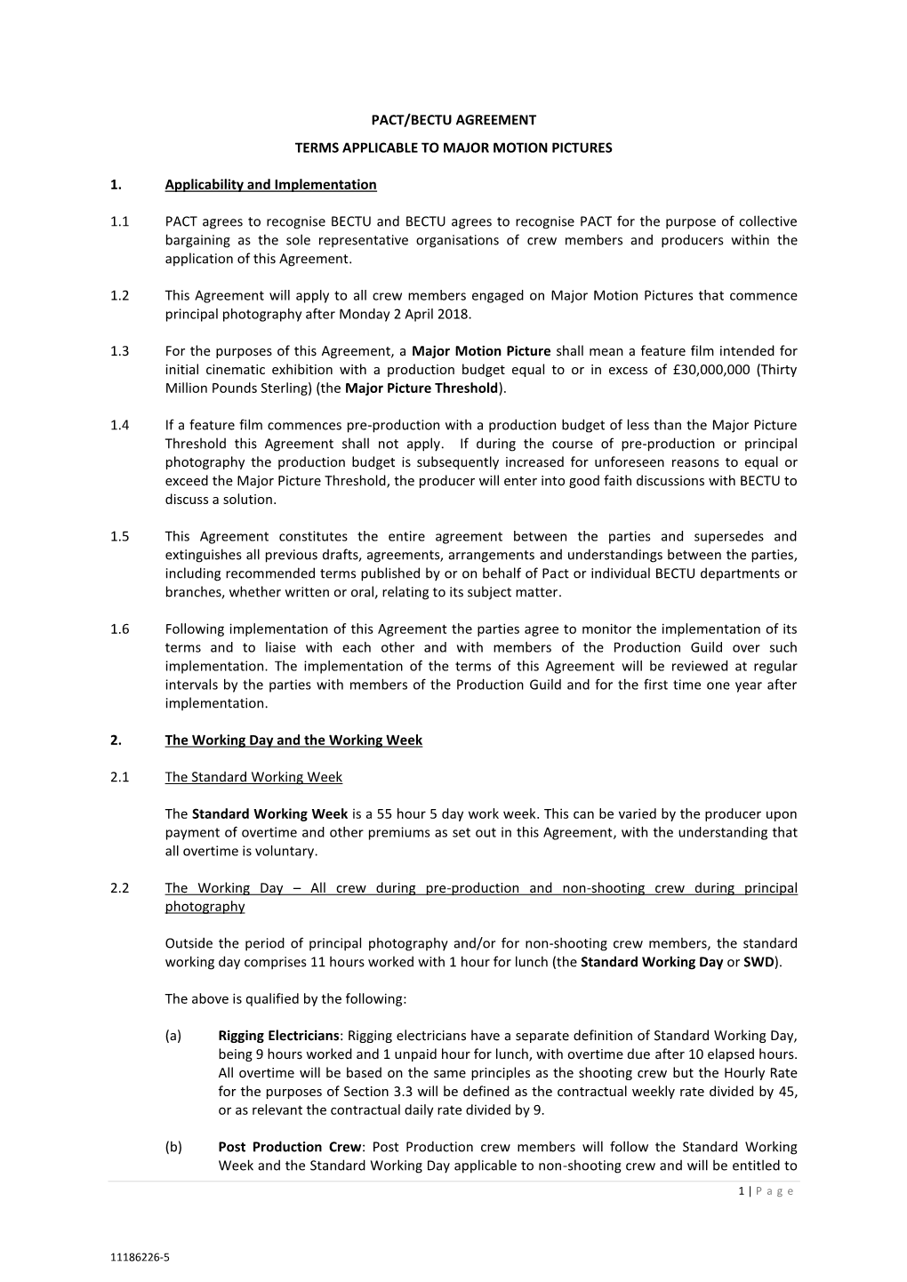 Pact/Bectu Agreement Terms Applicable to Major Motion Pictures