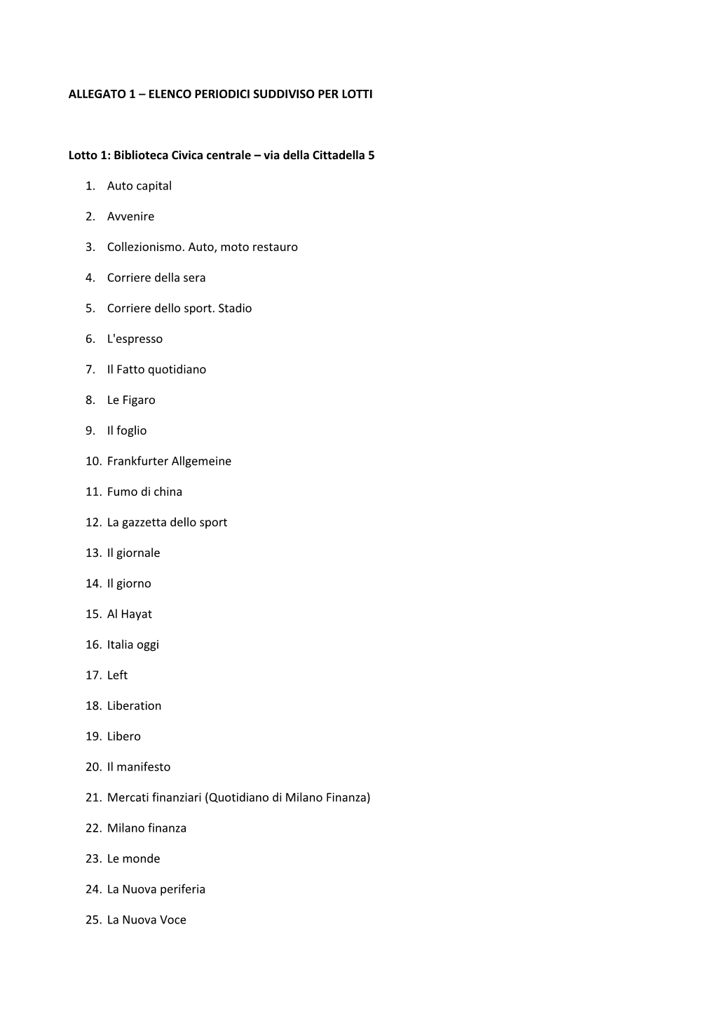 Allegato 1 – Elenco Periodici Suddiviso Per Lotti