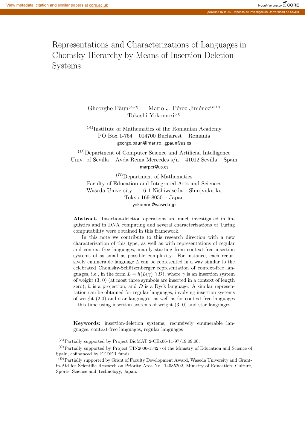 Representations and Characterizations of Languages in Chomsky Hierarchy by Means of Insertion-Deletion Systems