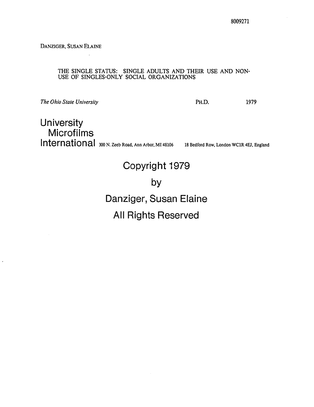 University Microfilms Copyright 1979 by Danziger, Susan Elaine All