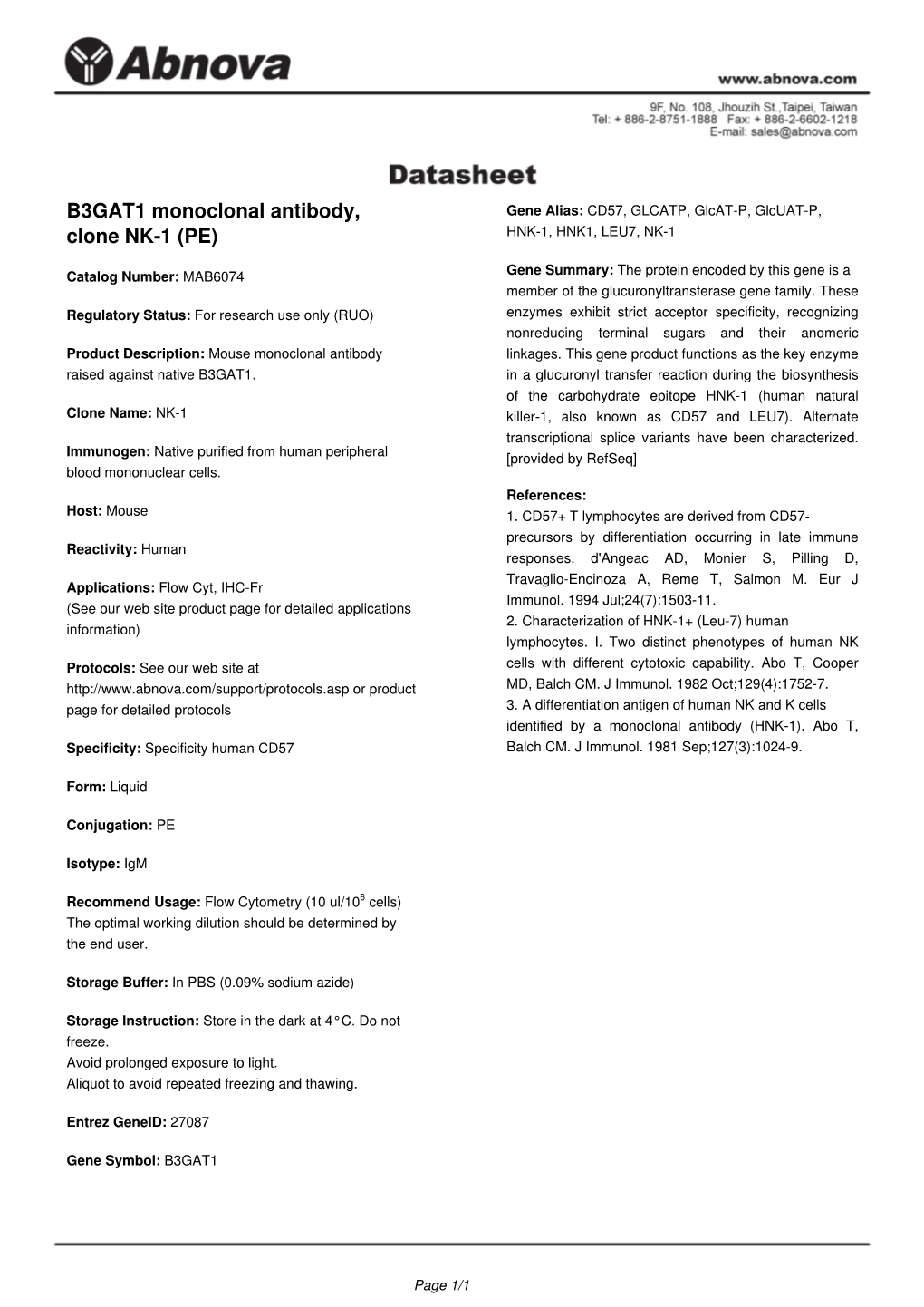 B3GAT1 Monoclonal Antibody, Clone NK-1