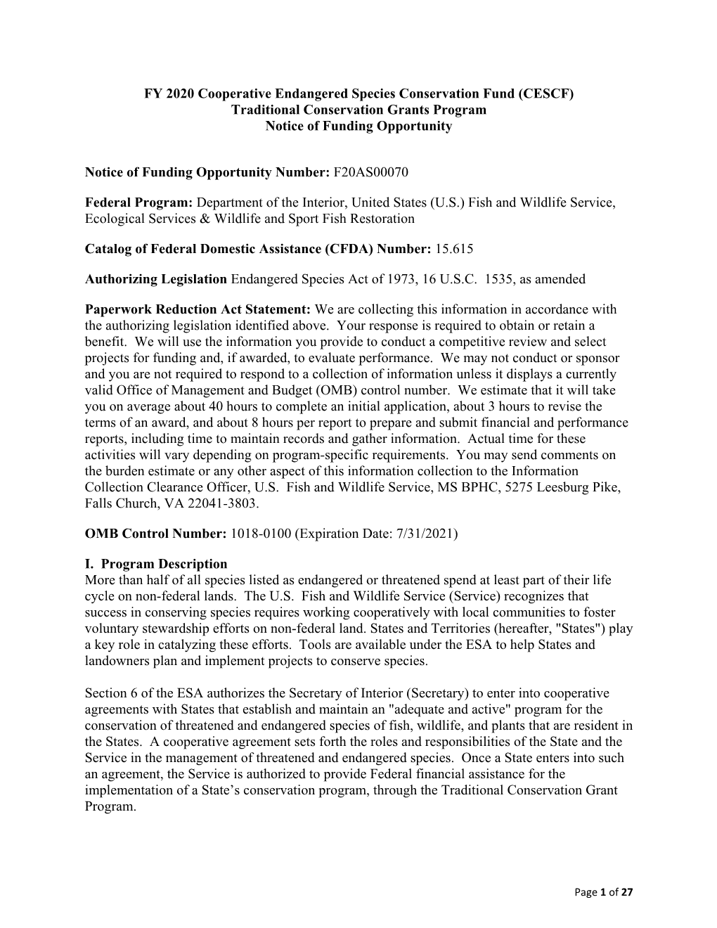 FY 2020 Cooperative Endangered Species Conservation Fund (CESCF) Traditional Conservation Grants Program Notice of Funding Opportunity