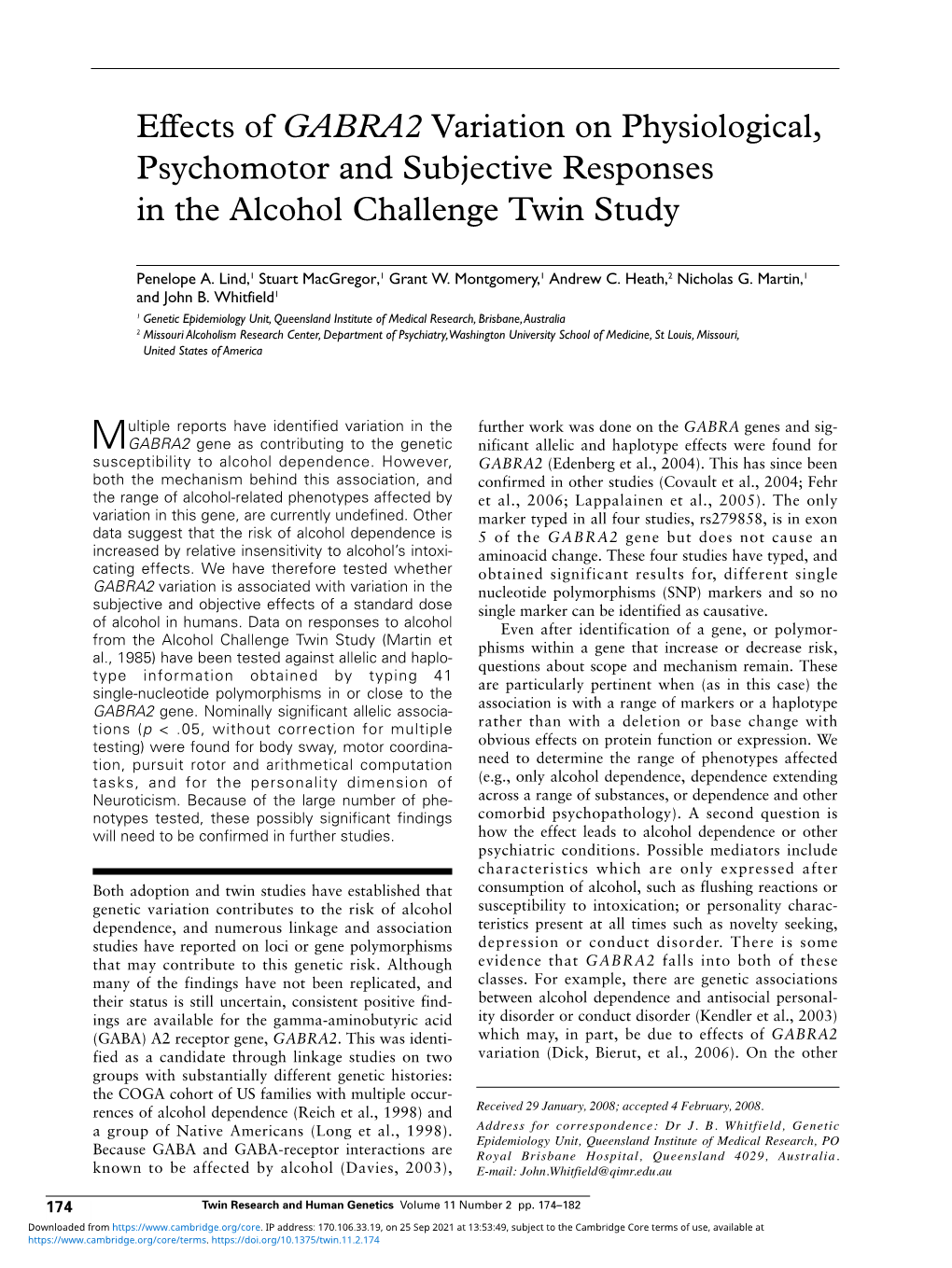 Effects of GABRA2 Variation on Physiological, Psychomotor and Subjective Responses in the Alcohol Challenge Twin Study