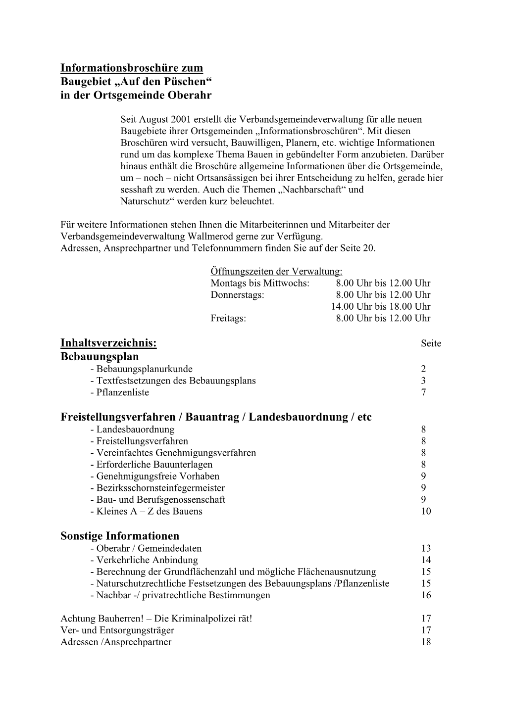 Informationsbroschüre Zum Baugebiet „Auf Den Püschen“ in Der Ortsgemeinde Oberahr