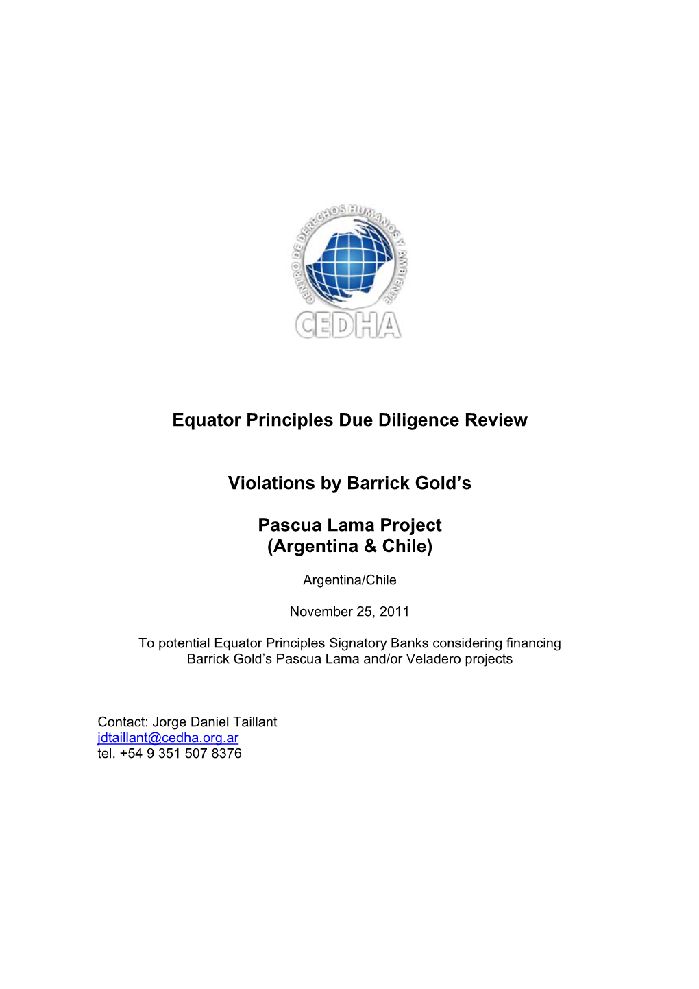 Equator Principles Due Diligence Review – on Barrick's Pascua Lama