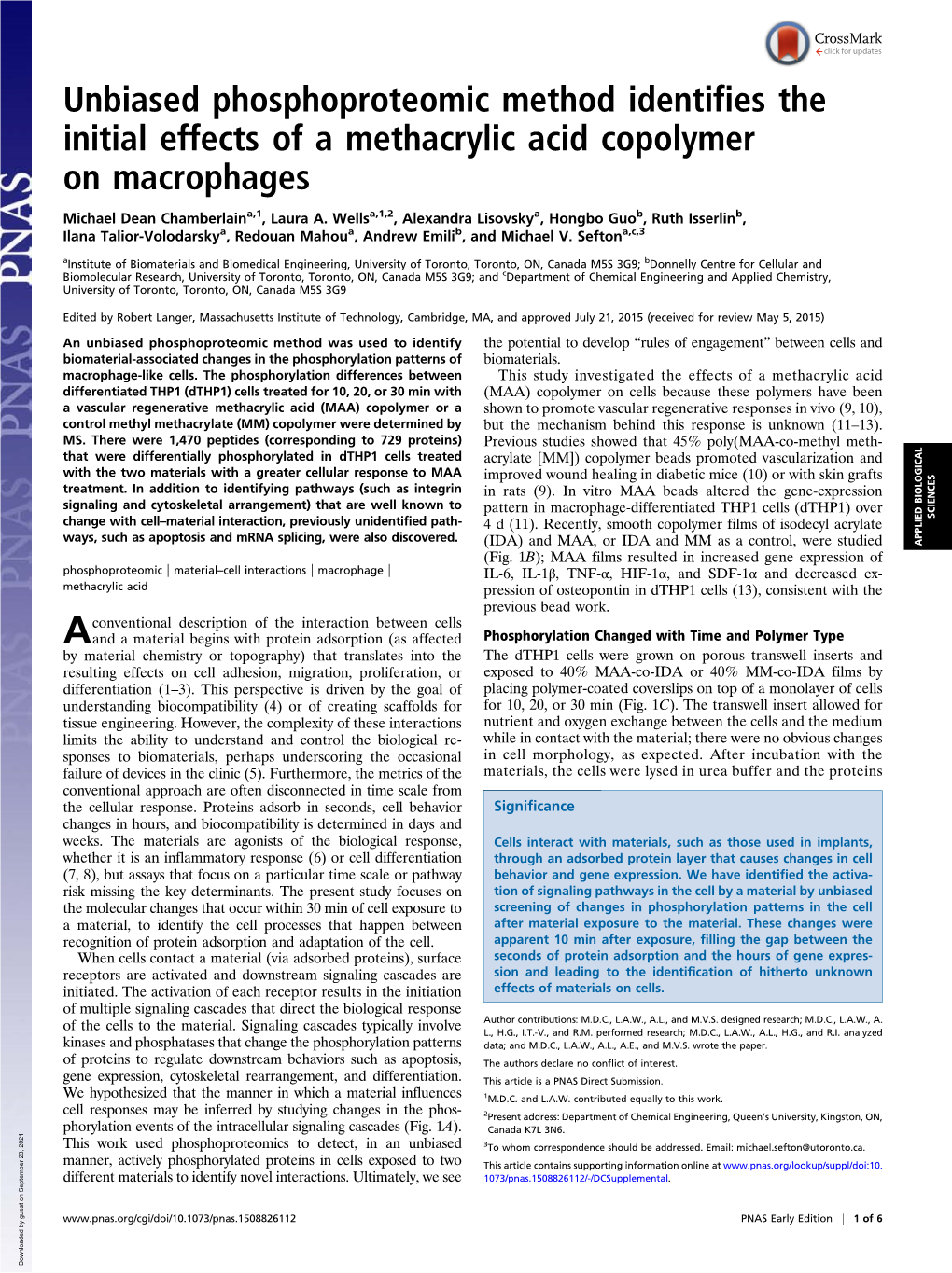 Unbiased Phosphoproteomic Method Identifies the Initial Effects of a Methacrylic Acid Copolymer on Macrophages