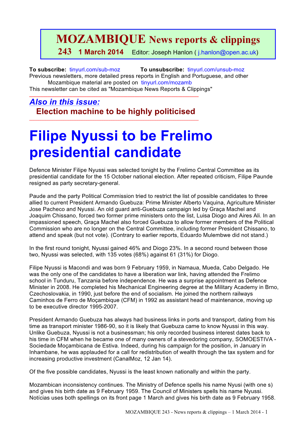 Filipe Nyussi to Be Frelimo Presidential Candidate