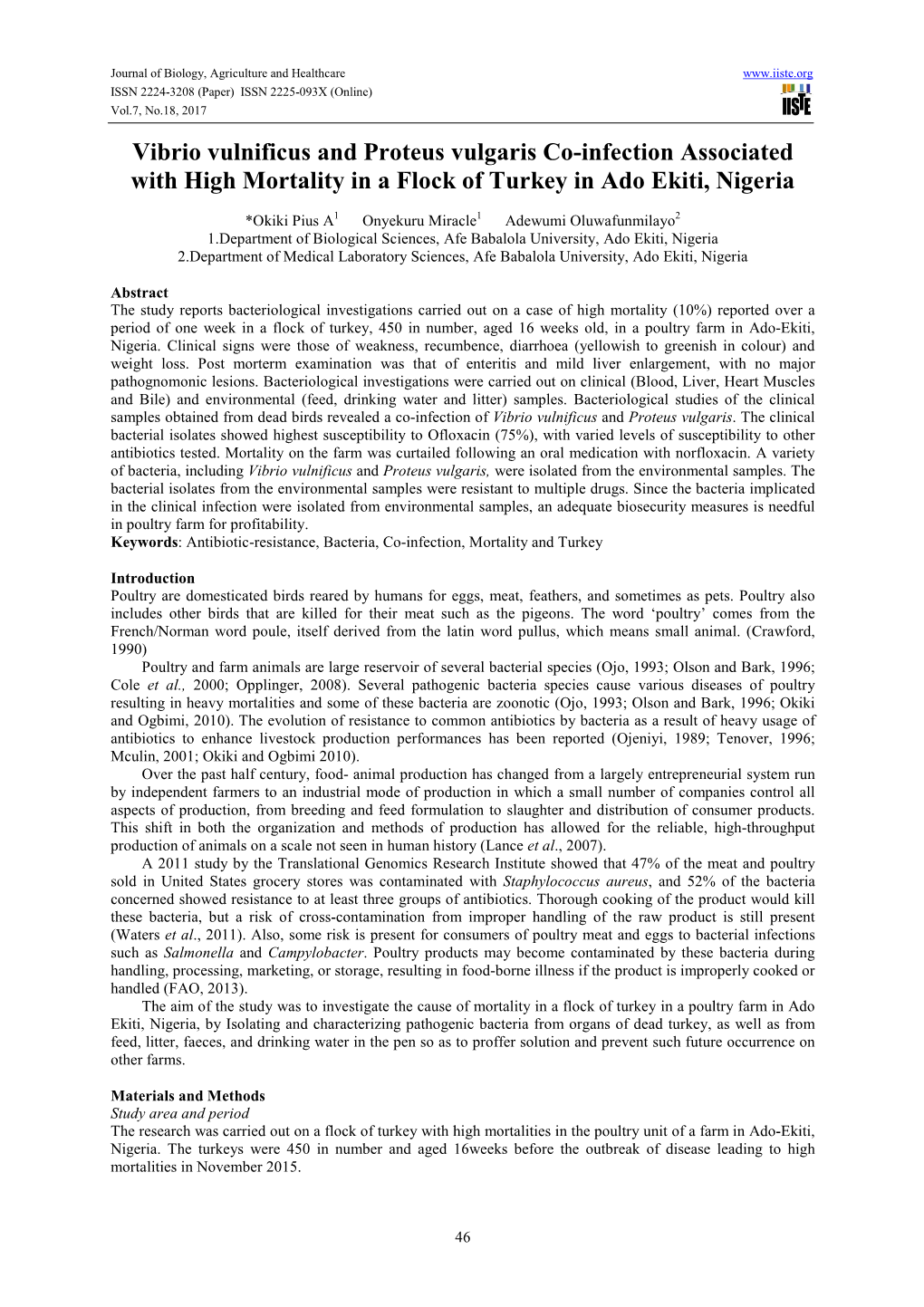 Vibrio Vulnificus and Proteus Vulgaris Co-Infection Associated with High Mortality in a Flock of Turkey in Ado Ekiti, Nigeria