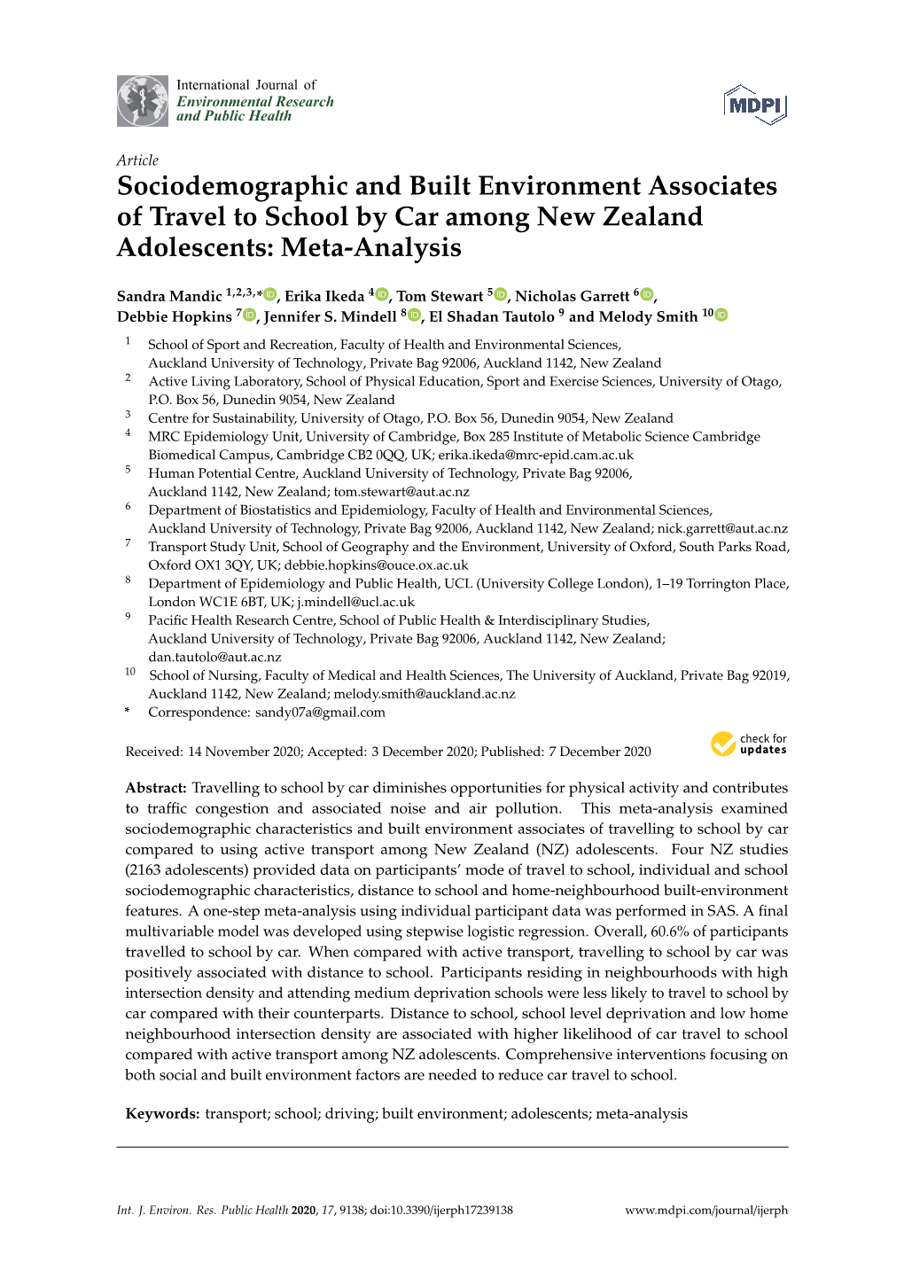 Sociodemographic and Built Environment Associates of Travel to School by Car Among New Zealand Adolescents: Meta-Analysis