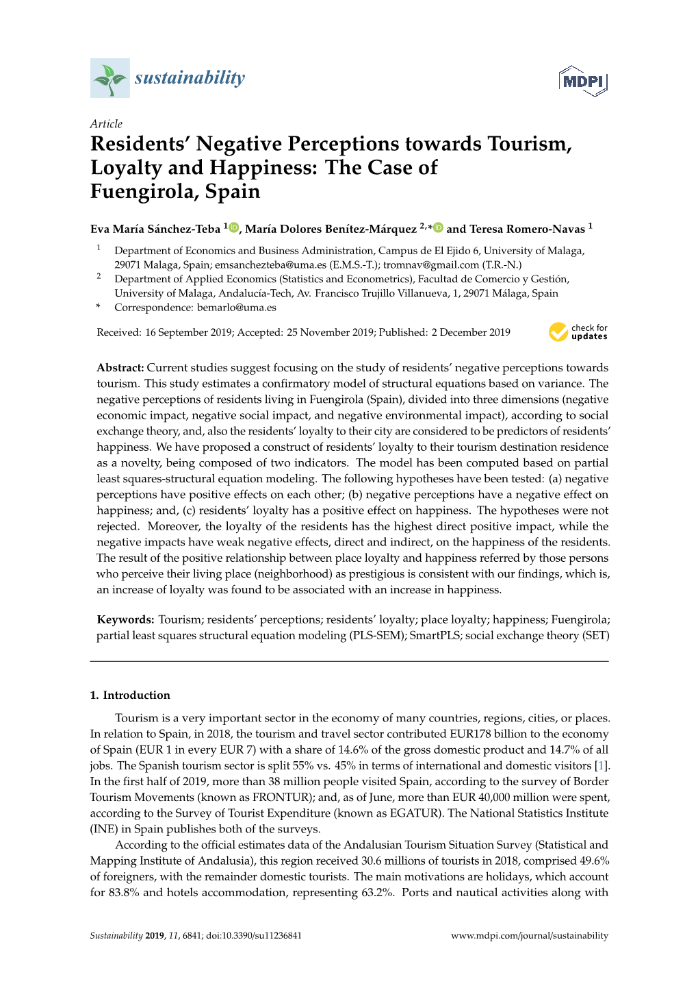 Residents' Negative Perceptions Towards Tourism, Loyalty and Happiness: the Case of Fuengirola, Spain