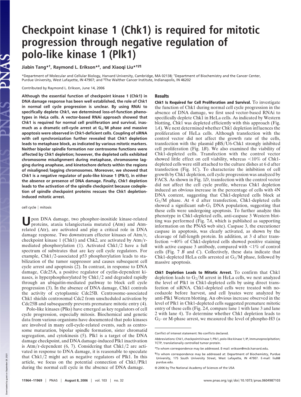 Checkpoint Kinase 1 (Chk1) Is Required for Mitotic Progression Through Negative Regulation of Polo-Like Kinase 1 (Plk1)