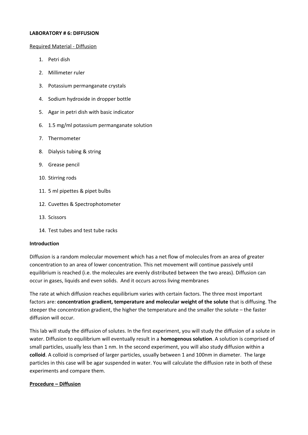 Laboratory # 6: Diffusion