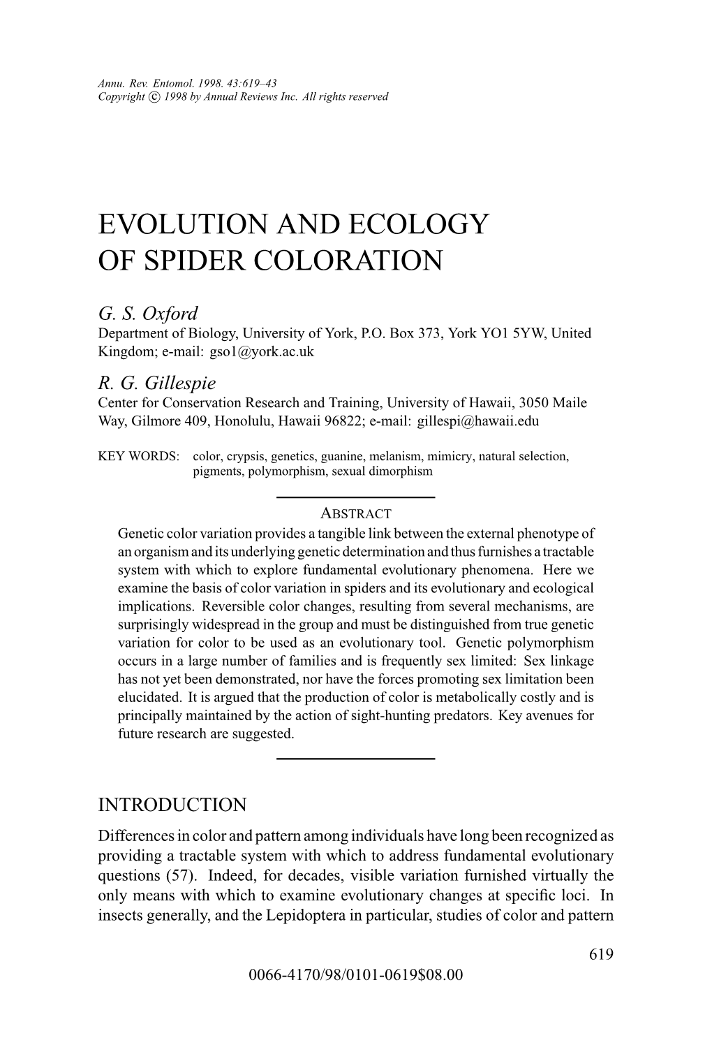 Evolution and Ecology of Spider Coloration