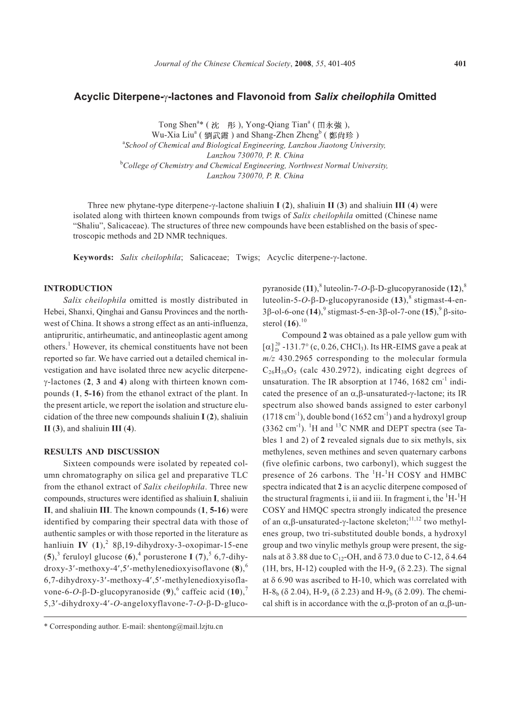 Acyclic Diterpene-Γ-Lactones and Flavonoid from Salix Cheilophila