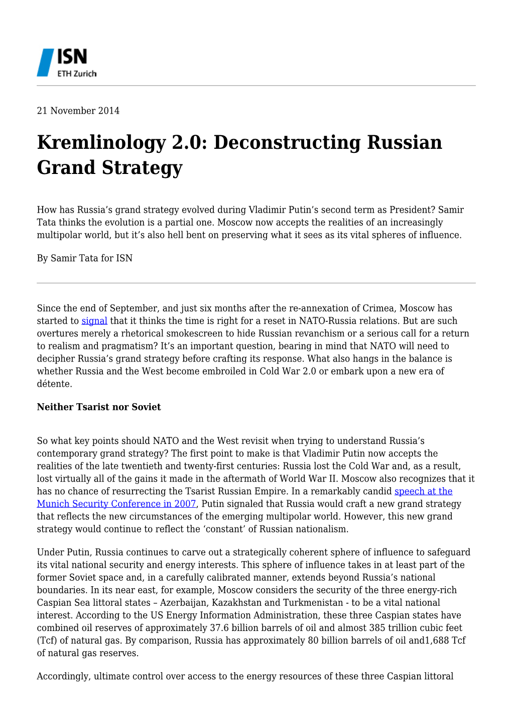 Kremlinology 2.0: Deconstructing Russian Grand Strategy