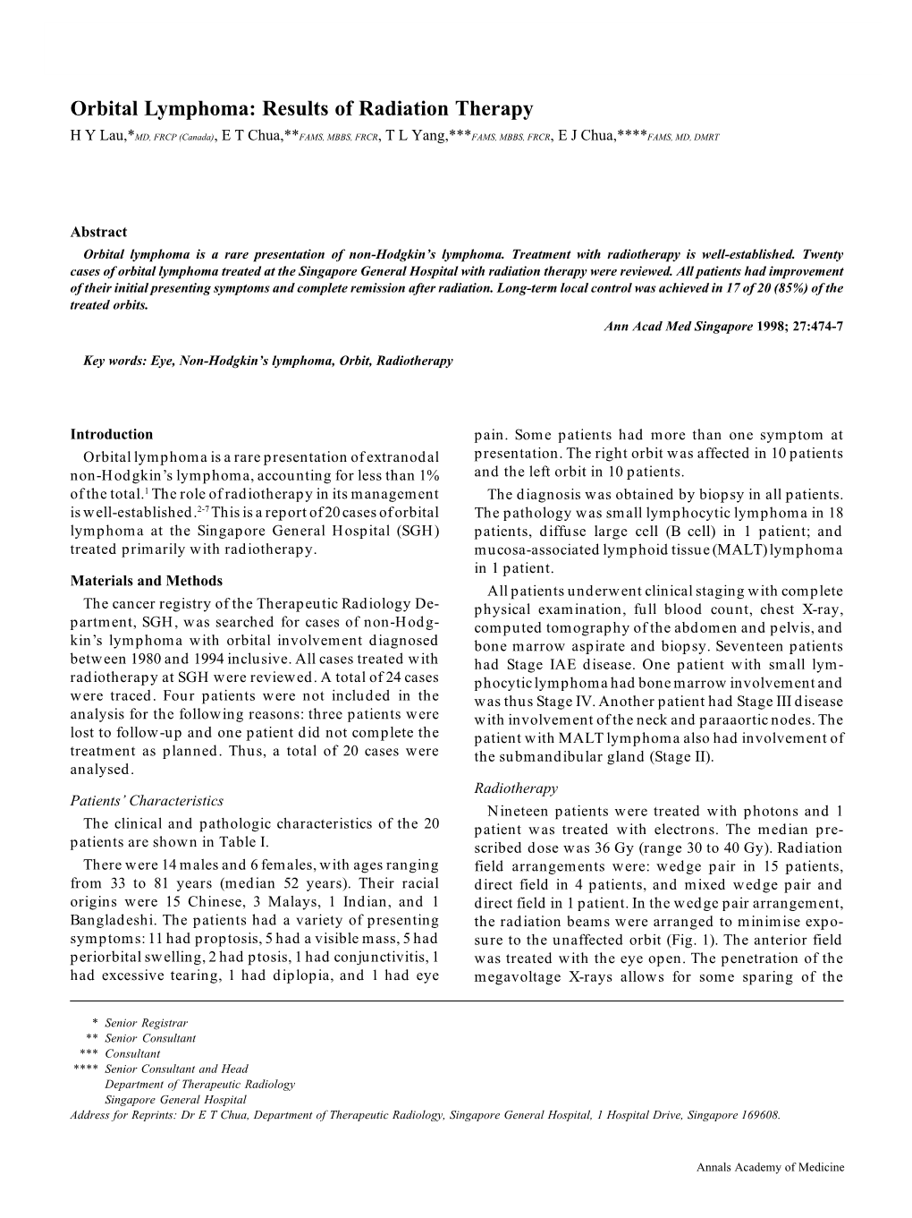 Orbital Lymphoma Treated with Radiotherapy—H Y Lau Et Al