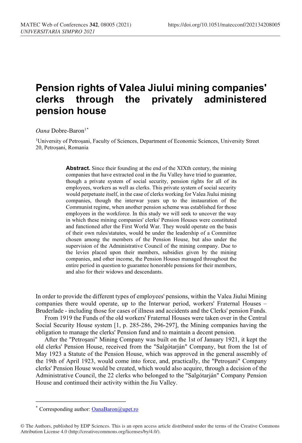 Pension Rights of Valea Jiului Mining Companies' Clerks Through the Privately Administered Pension House