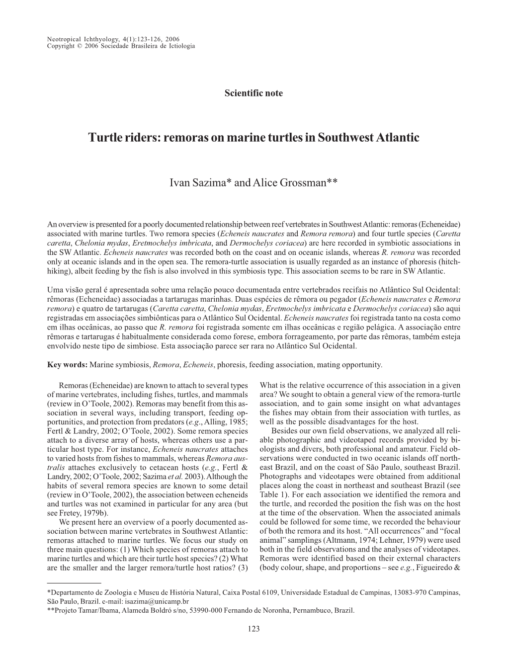 Turtle Riders: Remoras on Marine Turtles in Southwest Atlantic