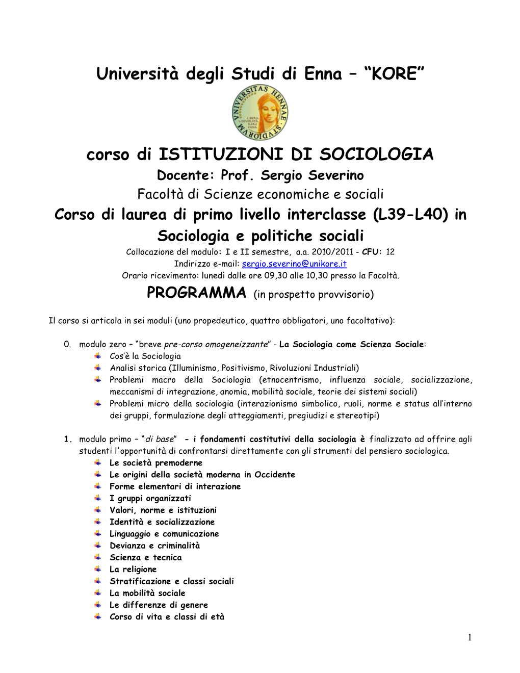 Istituzioni Di Sociologia Programma 10 11