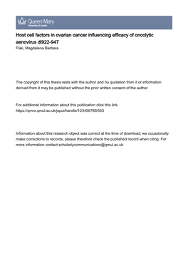 Host Cell Factors in Ovarian Cancer Influencing Efficacy of Oncolytic Aenovirus Dl922-947 Flak, Magdalena Barbara