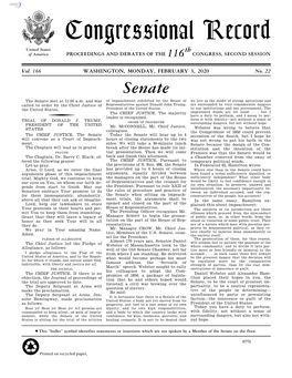 Congressional Record United States Th of America PROCEEDINGS and DEBATES of the 116 CONGRESS, SECOND SESSION