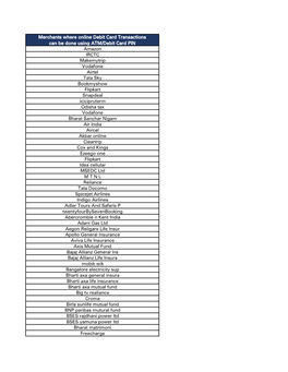 Merchants Where Online Debit Card Transactions Can Be Done Using ATM/Debit Card PIN Amazon IRCTC Makemytrip Vodafone Airtel Tata