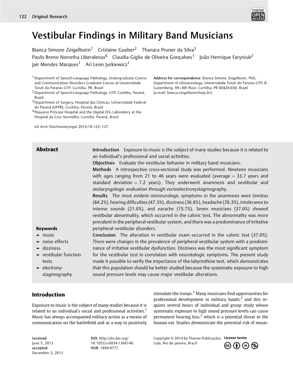 Vestibular Findings in Military Band Musicians