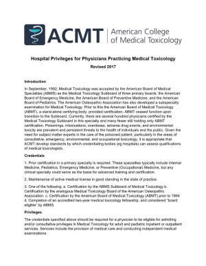 Hospital Privileges for Physicians Practicing Medical Toxicology Revised 2017
