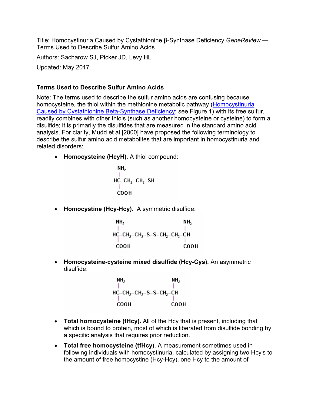 Title: Homocystinuria Caused by Cystathionine Β-Synthase Deficiency Genereview — Terms Used to Describe Sulfur Amino Acids Au