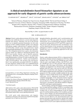 A Clinical Metabolomics‑Based Biomarker Signature As an Approach for Early Diagnosis of Gastric Cardia Adenocarcinoma