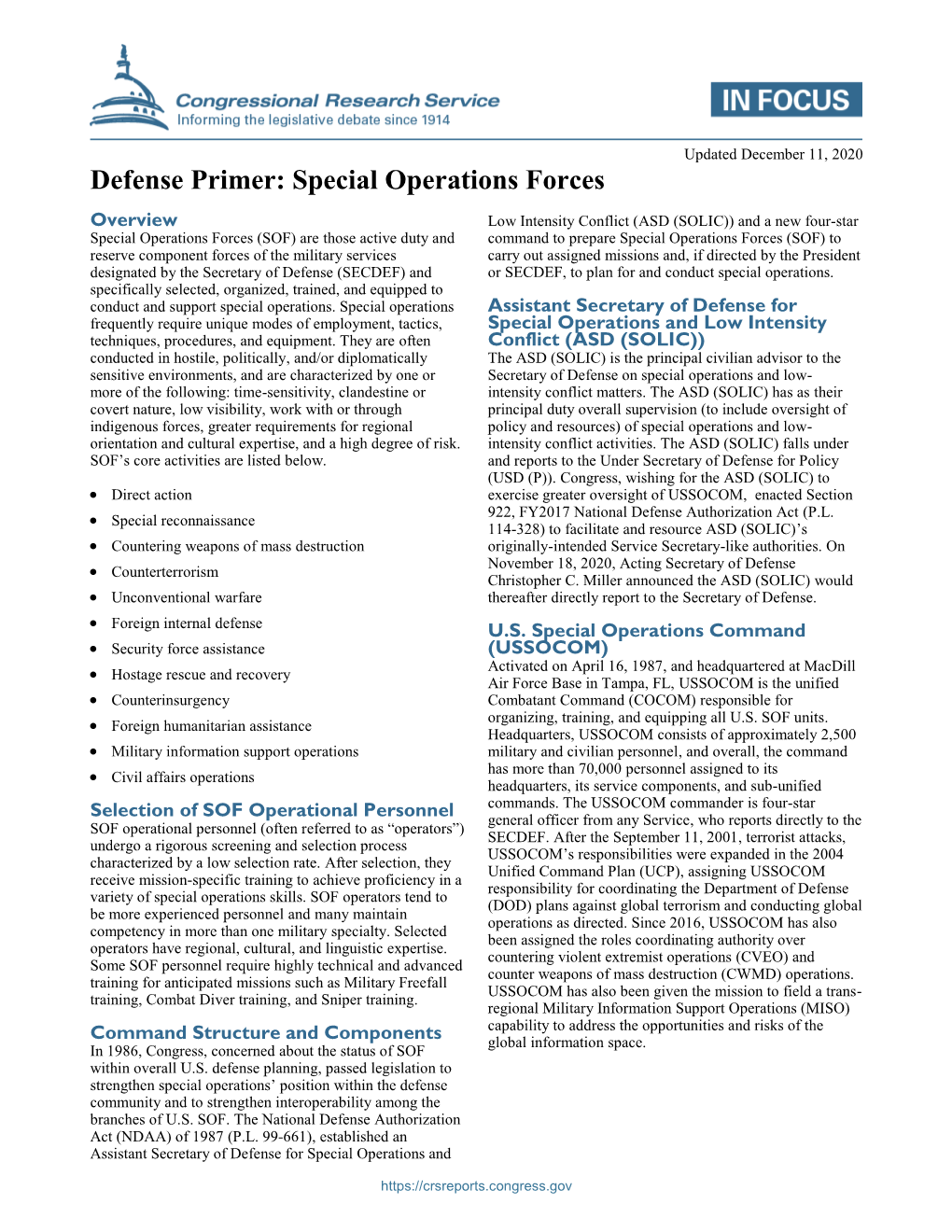 Defense Primer: Special Operations Forces