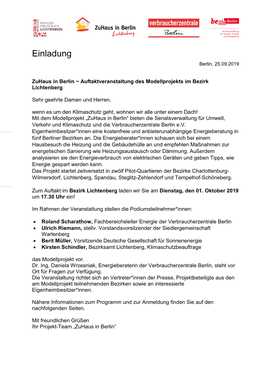 Einladung Zuhaus in Berlin Am Dienstag, 01. Oktober 2019