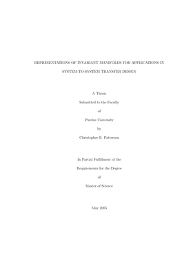 REPRESENTATIONS of INVARIANT MANIFOLDS for APPLICATIONS in SYSTEM-TO-SYSTEM TRANSFER DESIGN a Thesis Submitted to the Faculty Of