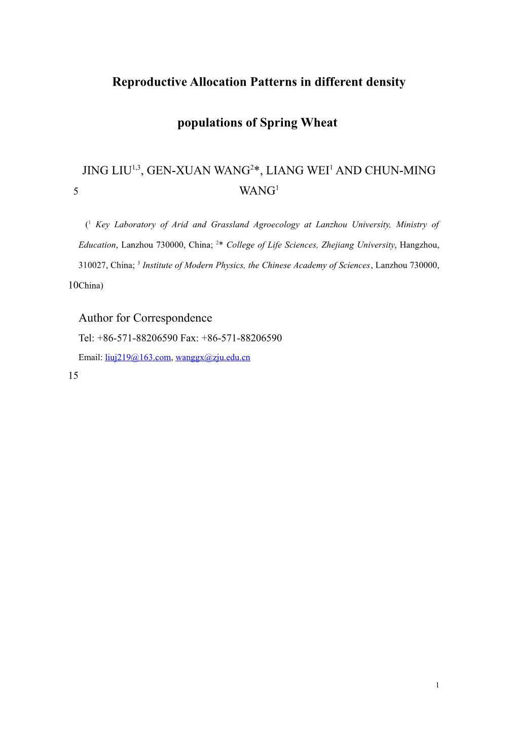 Reproductive Allocation Patterns in Different Density Populations of Spring Wheat