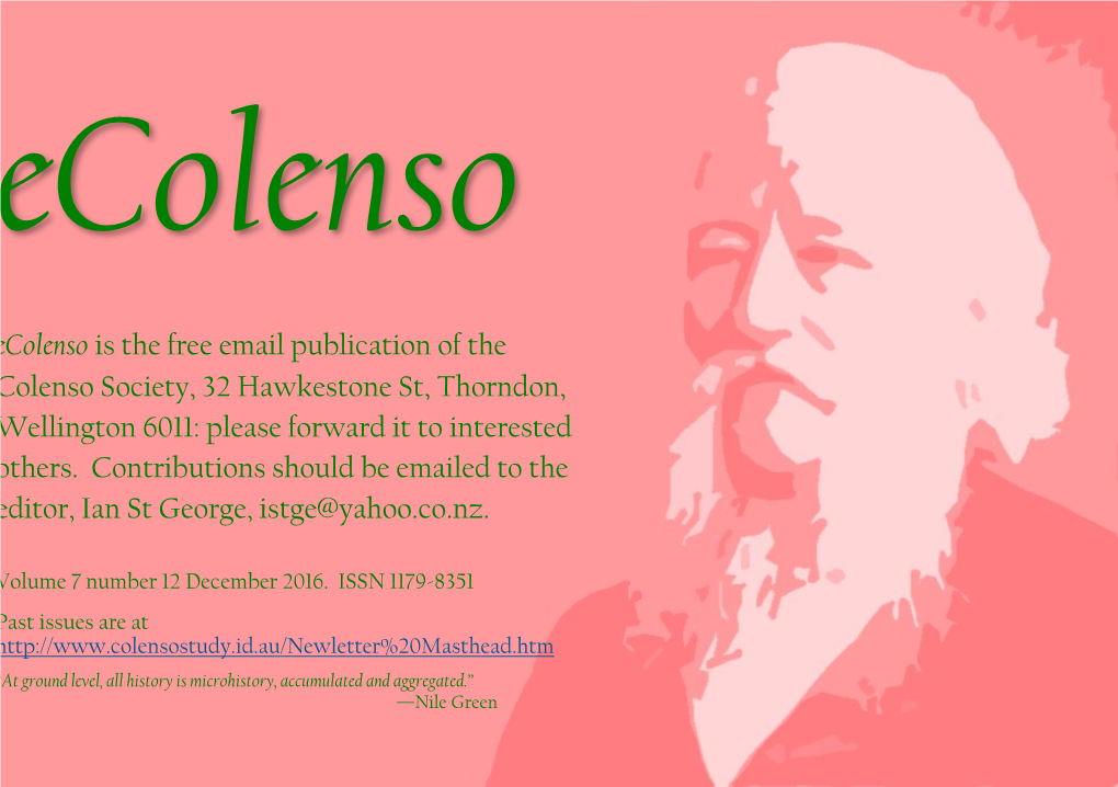 Ecolenso Is the Free Email Publication of the Colenso Society, 32 Hawkestone St, Thorndon, Wellington 6011: Please Forward It to Interested Others